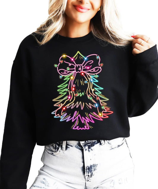 Black pullover sweatshirt with vibrant neon Christmas tree graphic, festive bow, and colorful lights design