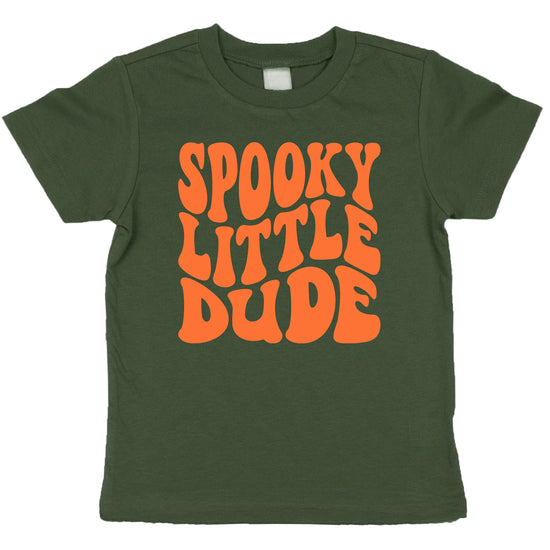 Front view of Spooky Little Dude baby boy Halloween shirt in vintage burgundy with distressed print