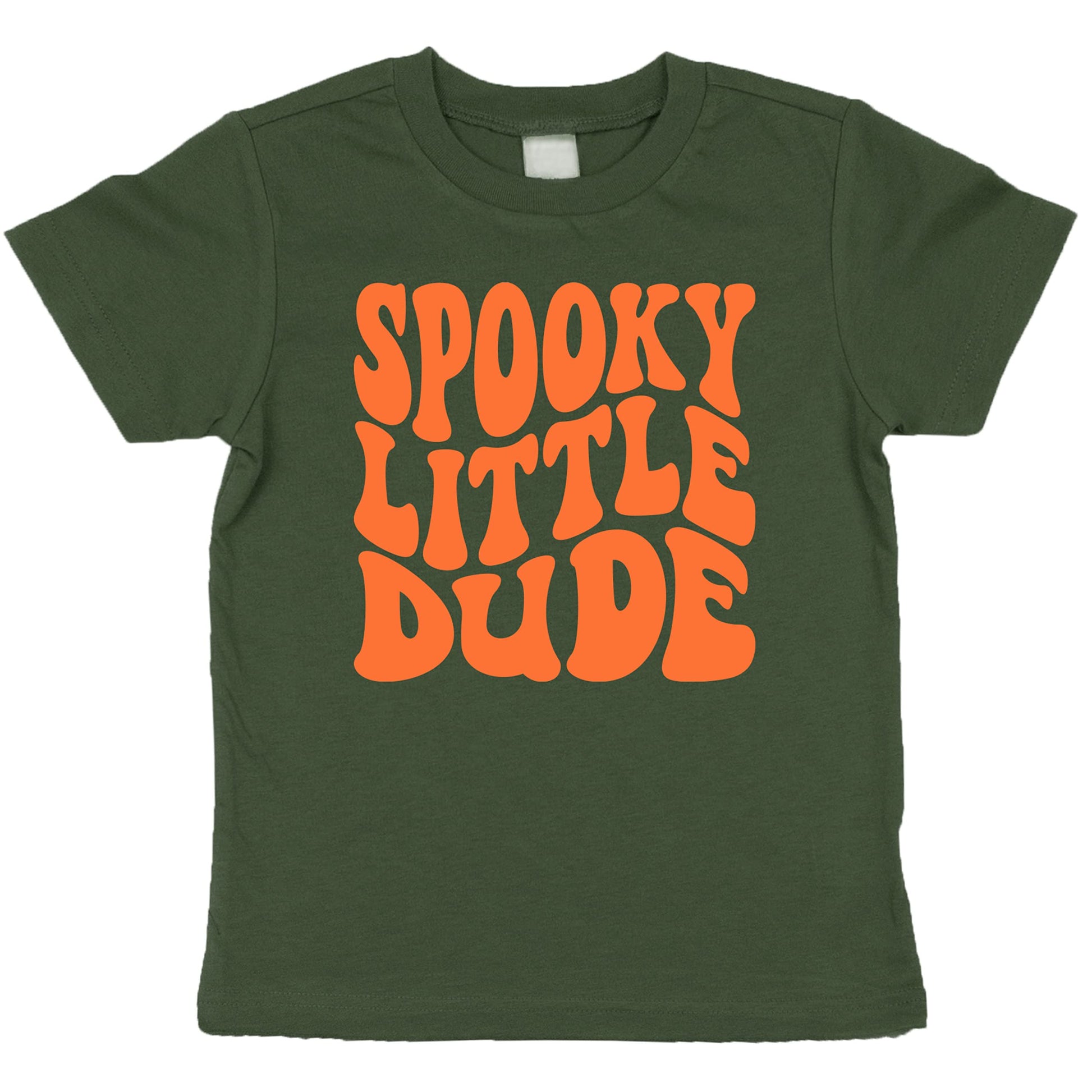 Front view of Spooky Little Dude baby boy Halloween shirt in vintage burgundy with distressed print