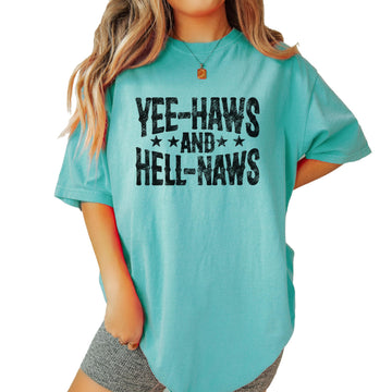 Yee-Haws and Hell-Naws ivory western graphic t-shirt for women displayed flat