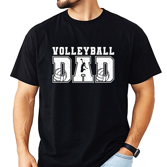 Red distressed volleyball dad shirt with jumping player graphic in varsity lettering