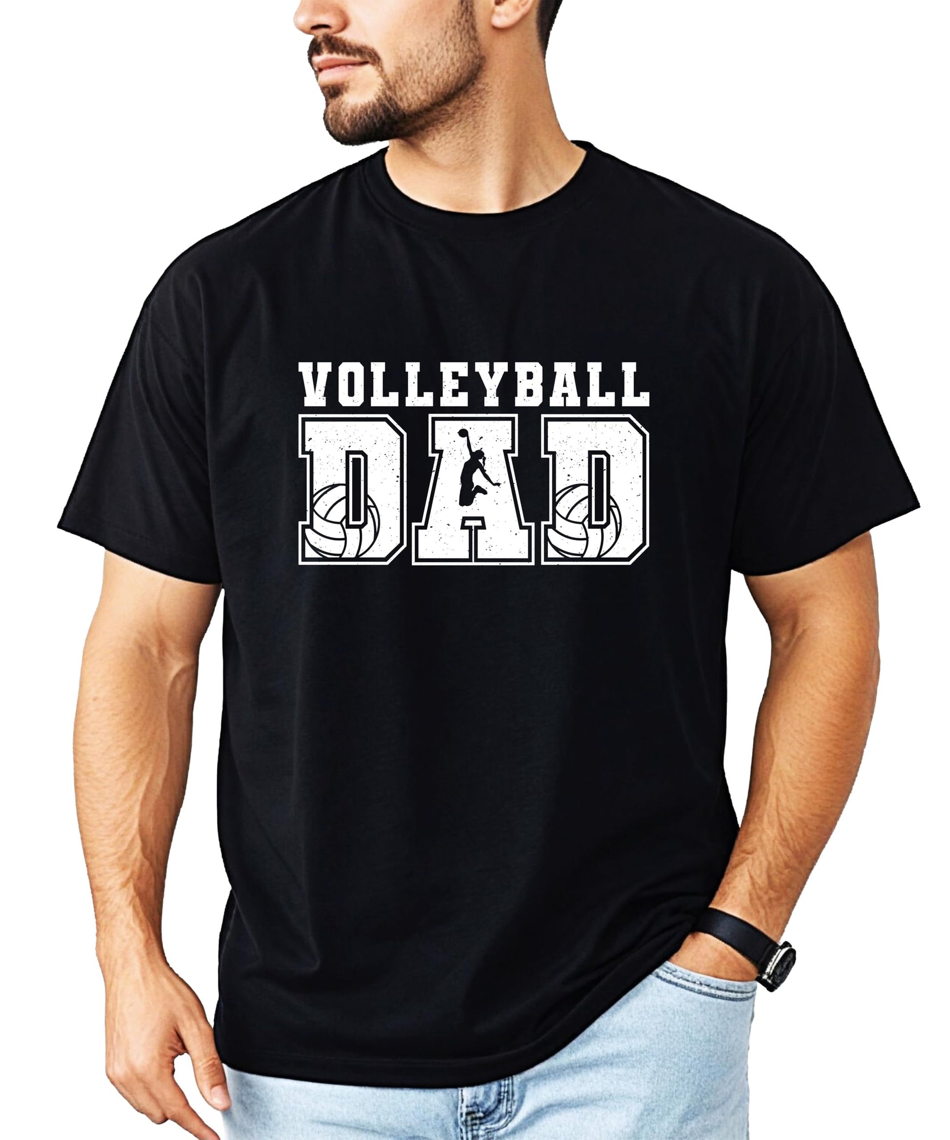 Red distressed volleyball dad shirt with jumping player graphic in varsity lettering