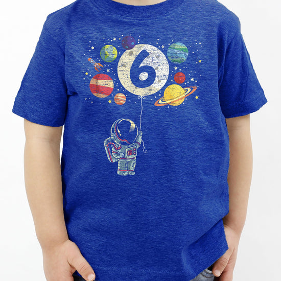 Back or alternate view of kids space rocket birthday shirt in vintage royal blue