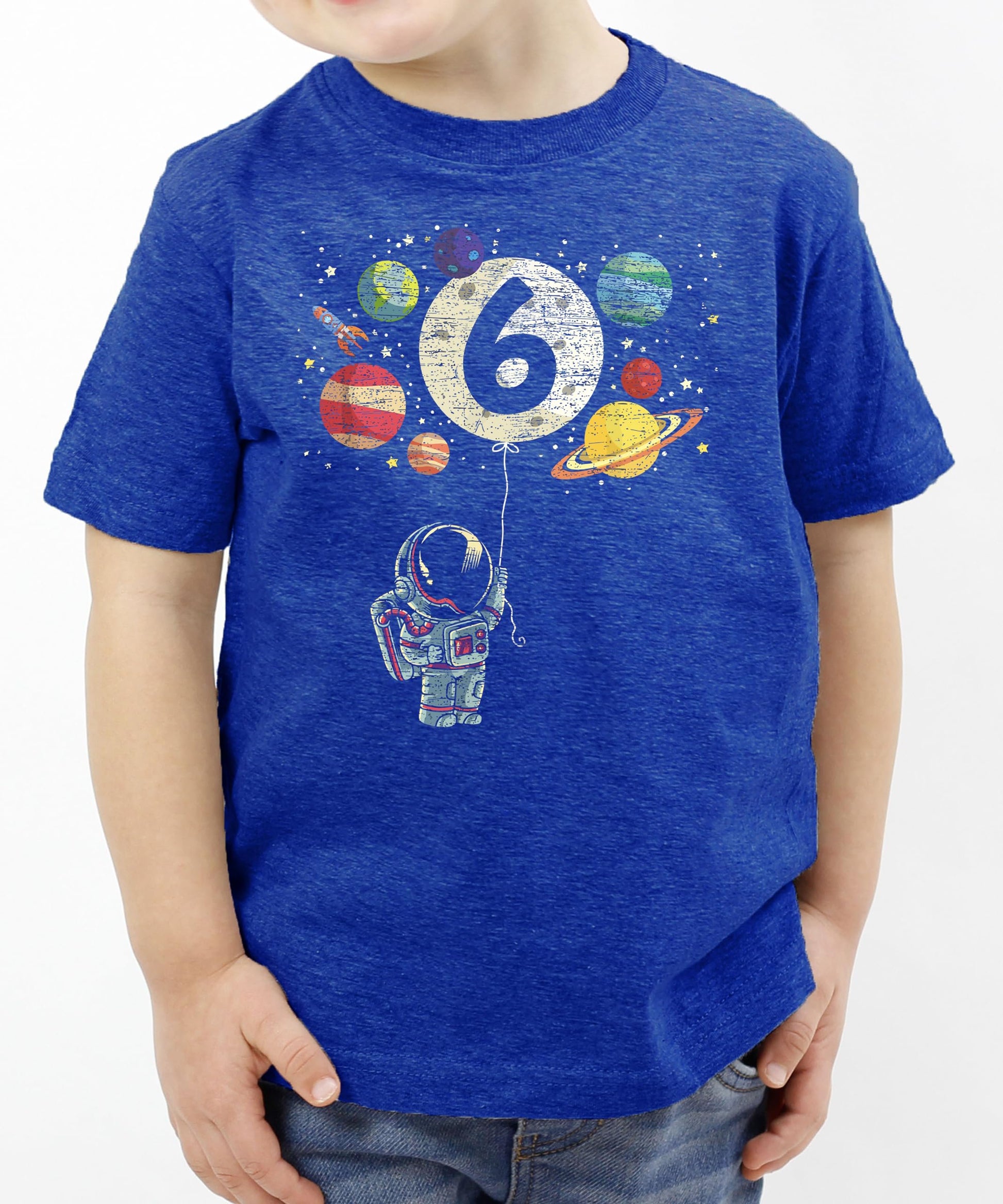 Back or alternate view of kids space rocket birthday shirt in vintage royal blue