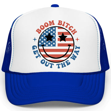 Boom Get Out the Way US Flag Happy Vibes Classic 5 Panel Foam Front Mesh Snap Back Trucker Hat