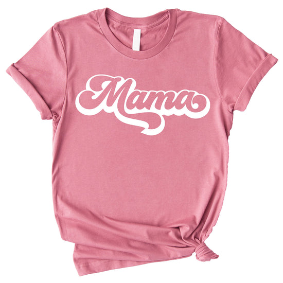 Front view of white retro graphic mommy and me tee on peach background