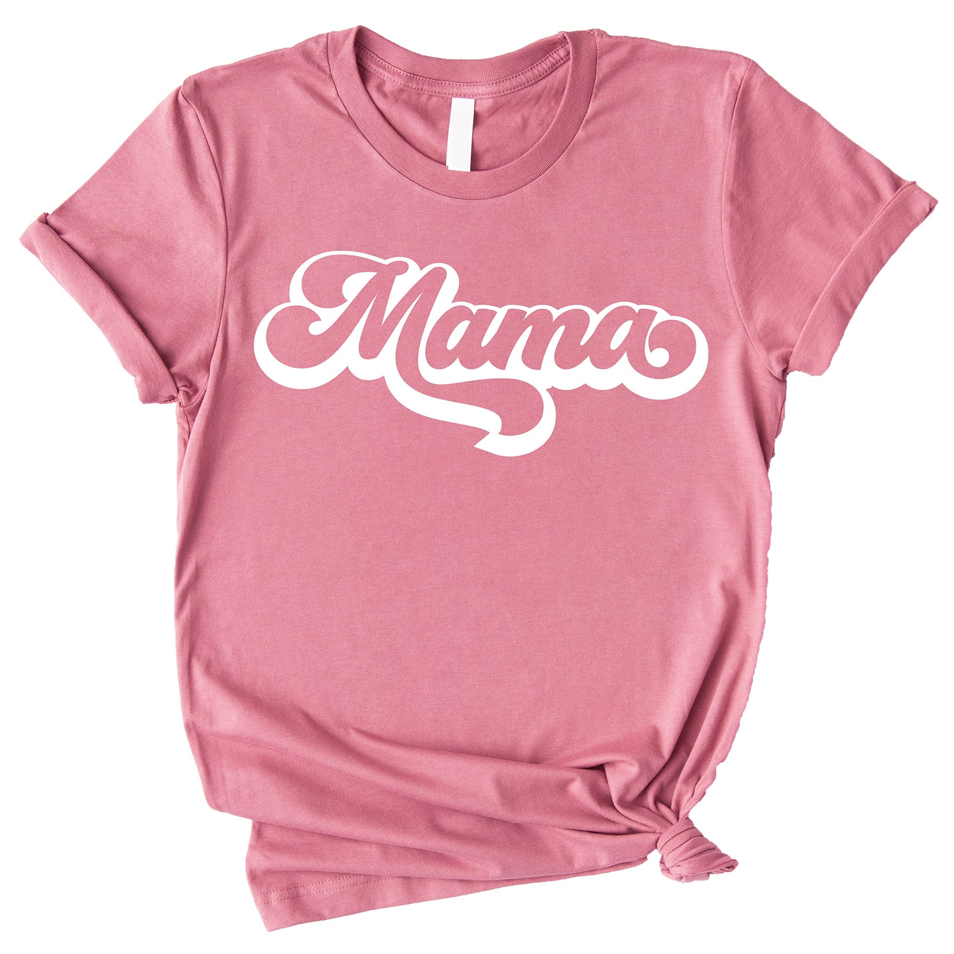 Front view of white retro graphic mommy and me tee on peach background