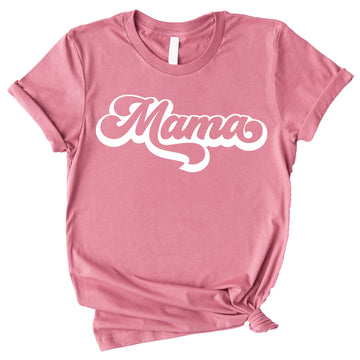 Front view of white retro graphic mommy and me tee on peach background