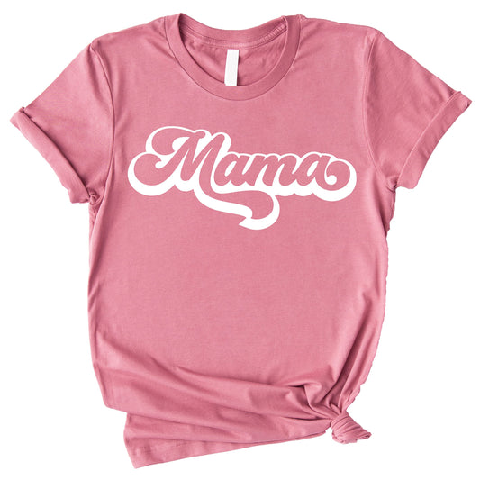 Front view of white retro graphic mommy and me tee on peach background