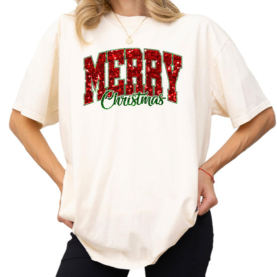 Side view of women's seafoam Christmas shirt with faux glitter holiday print