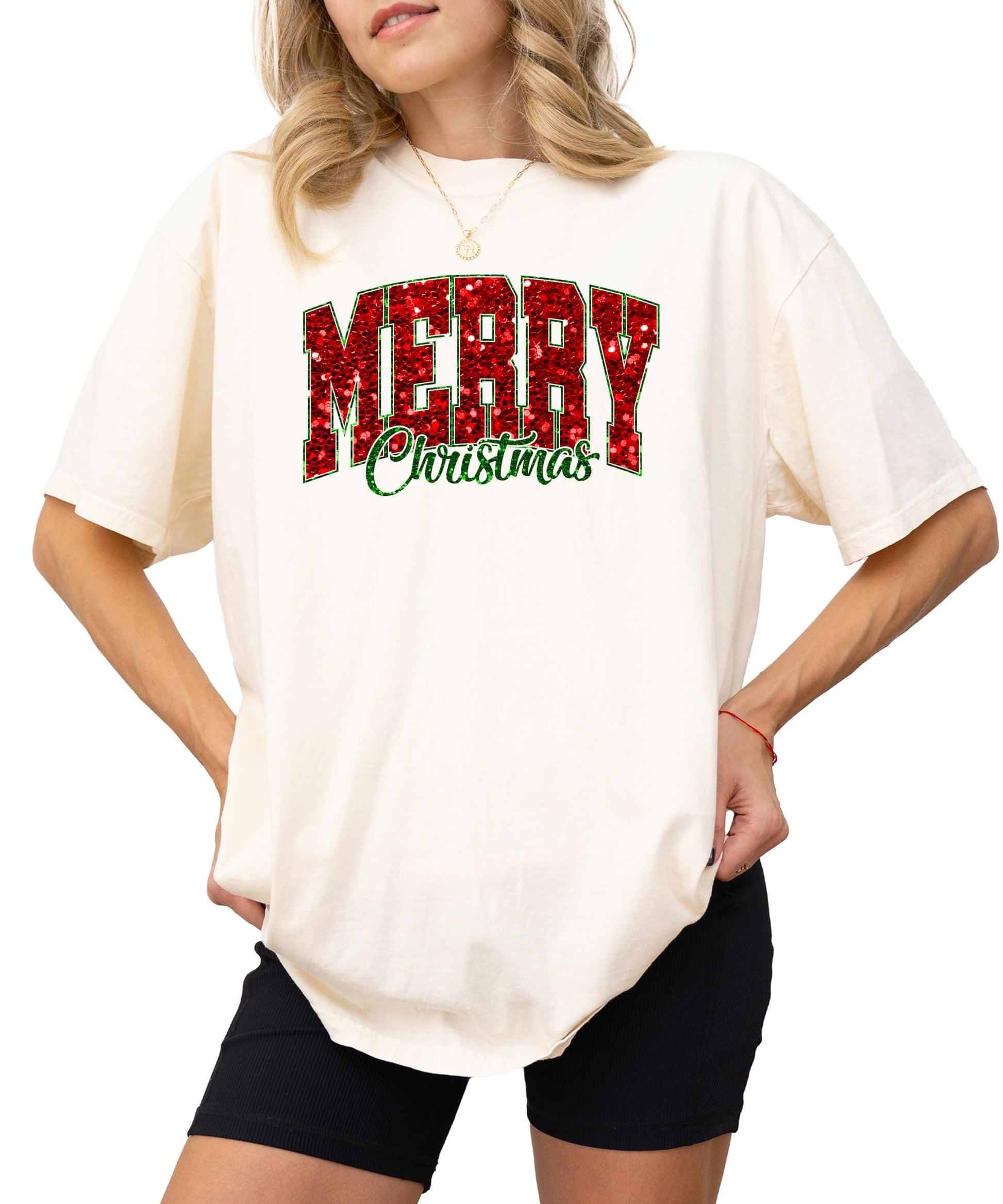 Side view of women's seafoam Christmas shirt with faux glitter holiday print
