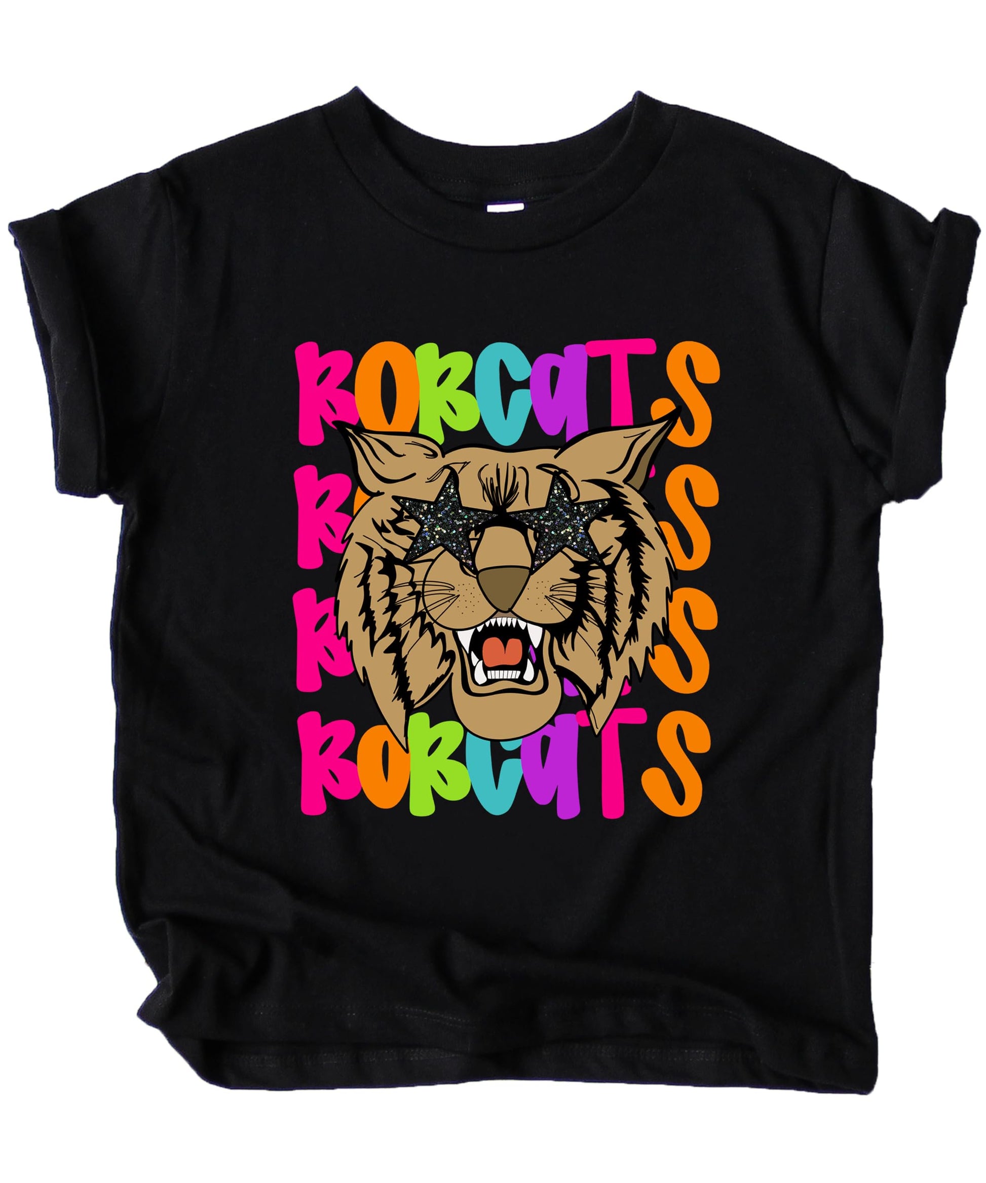 Flat lay of Bobcats school spirit tee showing full design with colorful retro mascot graphic