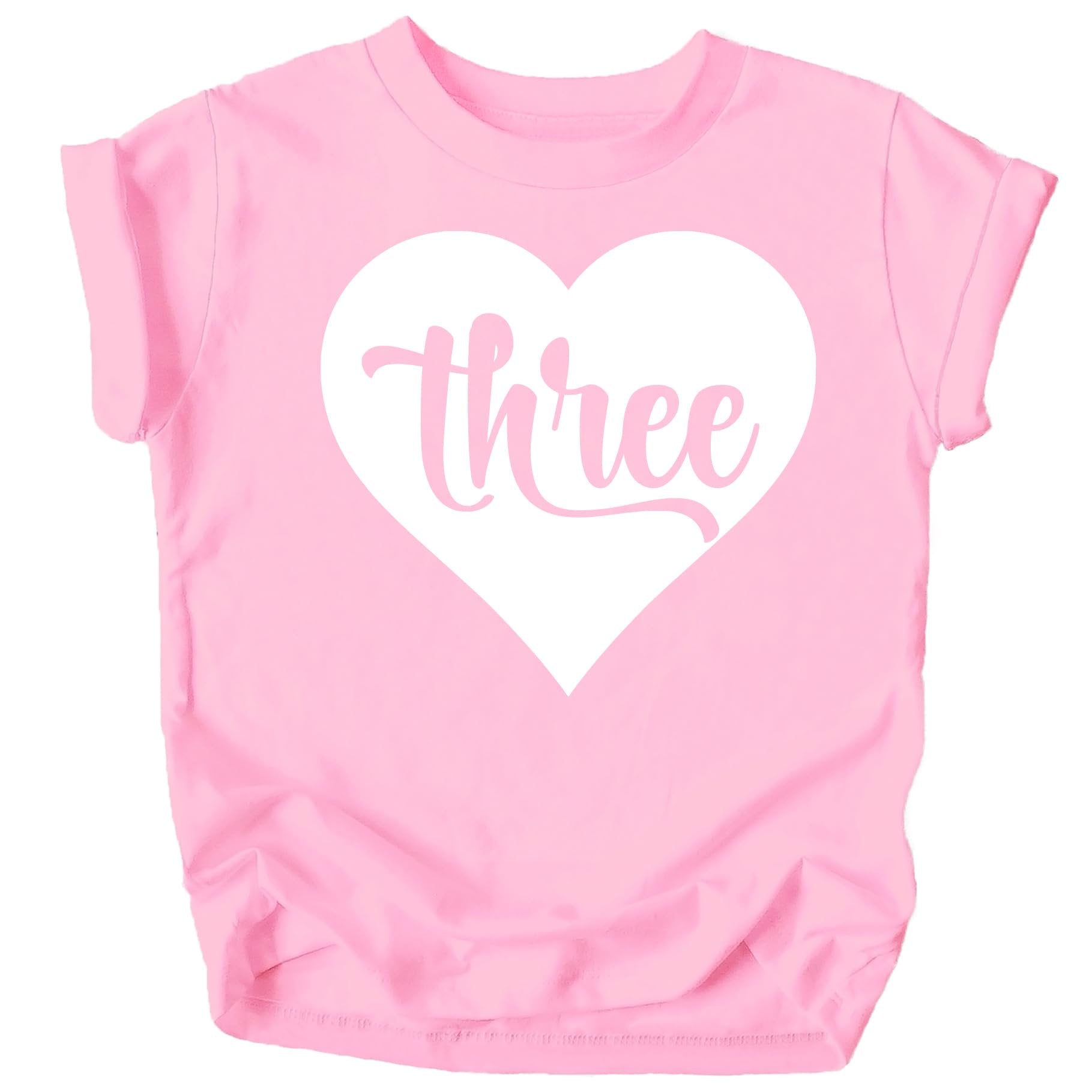 Flat lay of pink girls third birthday shirt with heart and number three design