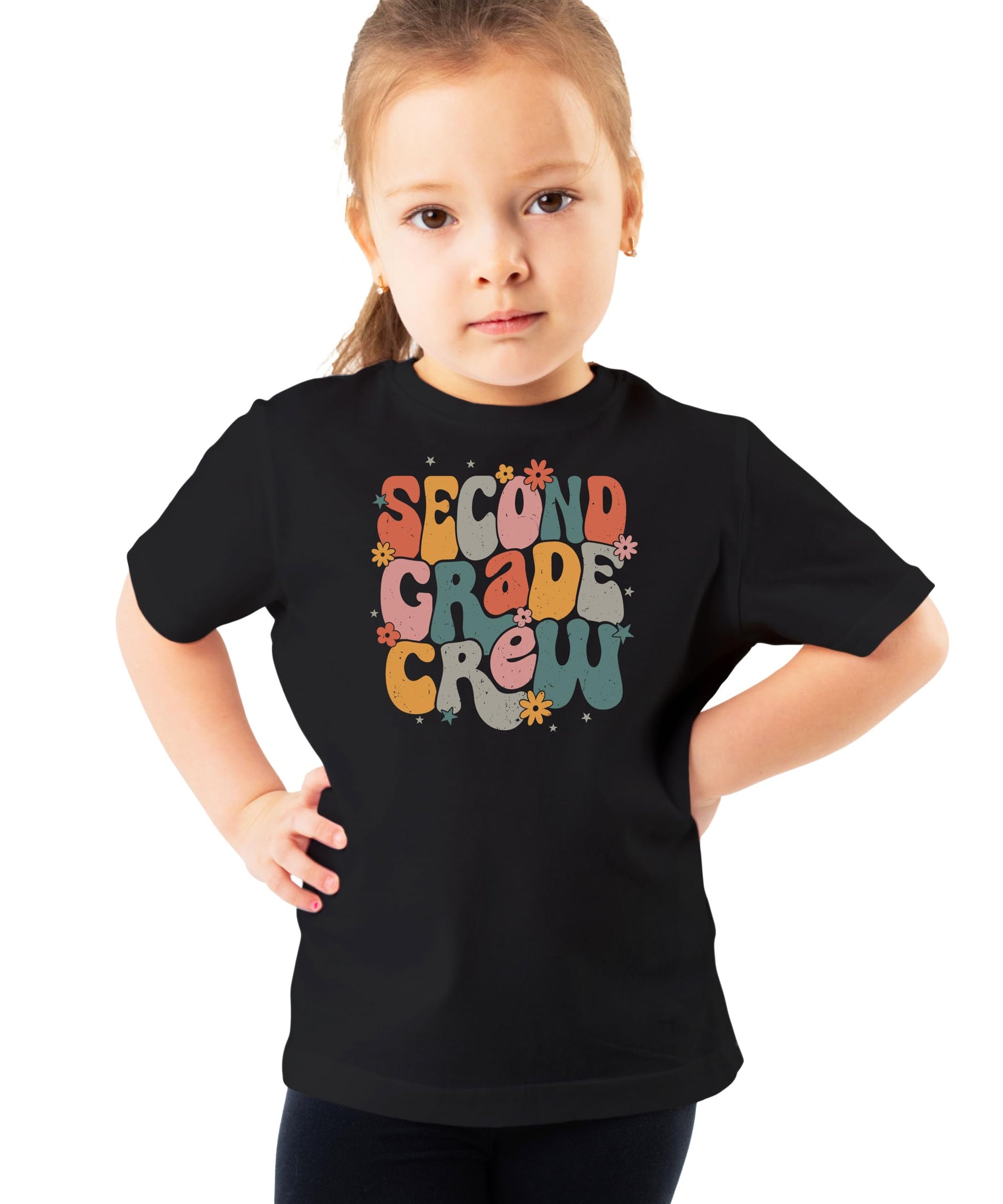 Front view of retro floral second grade school shirt in peach