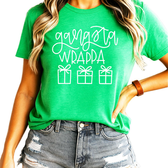 Women's red Gangsta Wrappa funny Christmas graphic tee with vintage holiday pun design