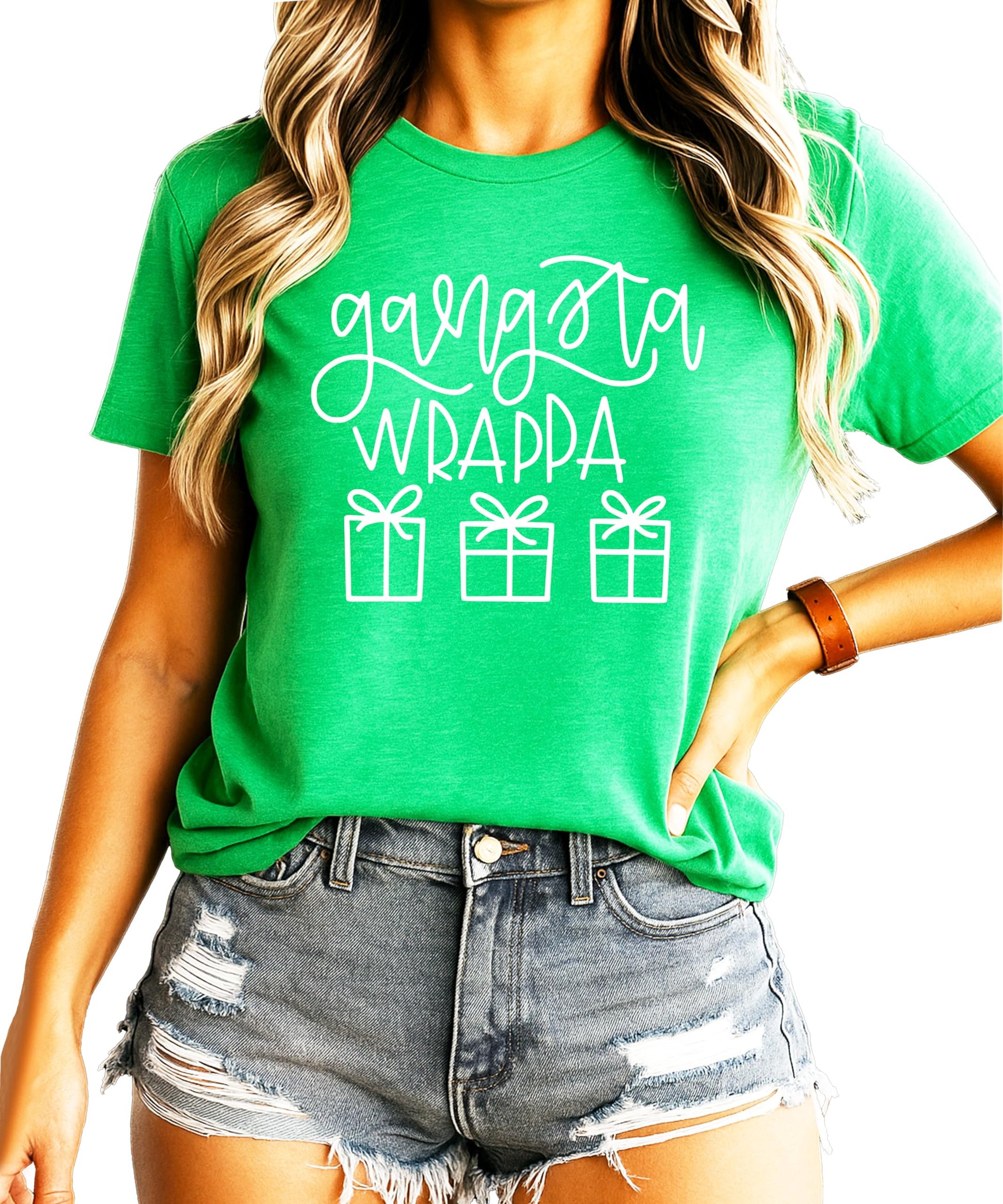 Women's red Gangsta Wrappa funny Christmas graphic tee with vintage holiday pun design