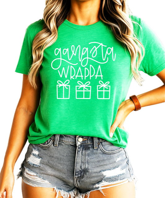 Women's red Gangsta Wrappa funny Christmas graphic tee with vintage holiday pun design