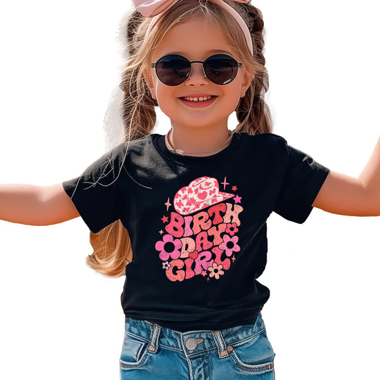 Detail shot of professional print on groovy cowgirl birthday natural tee for girls