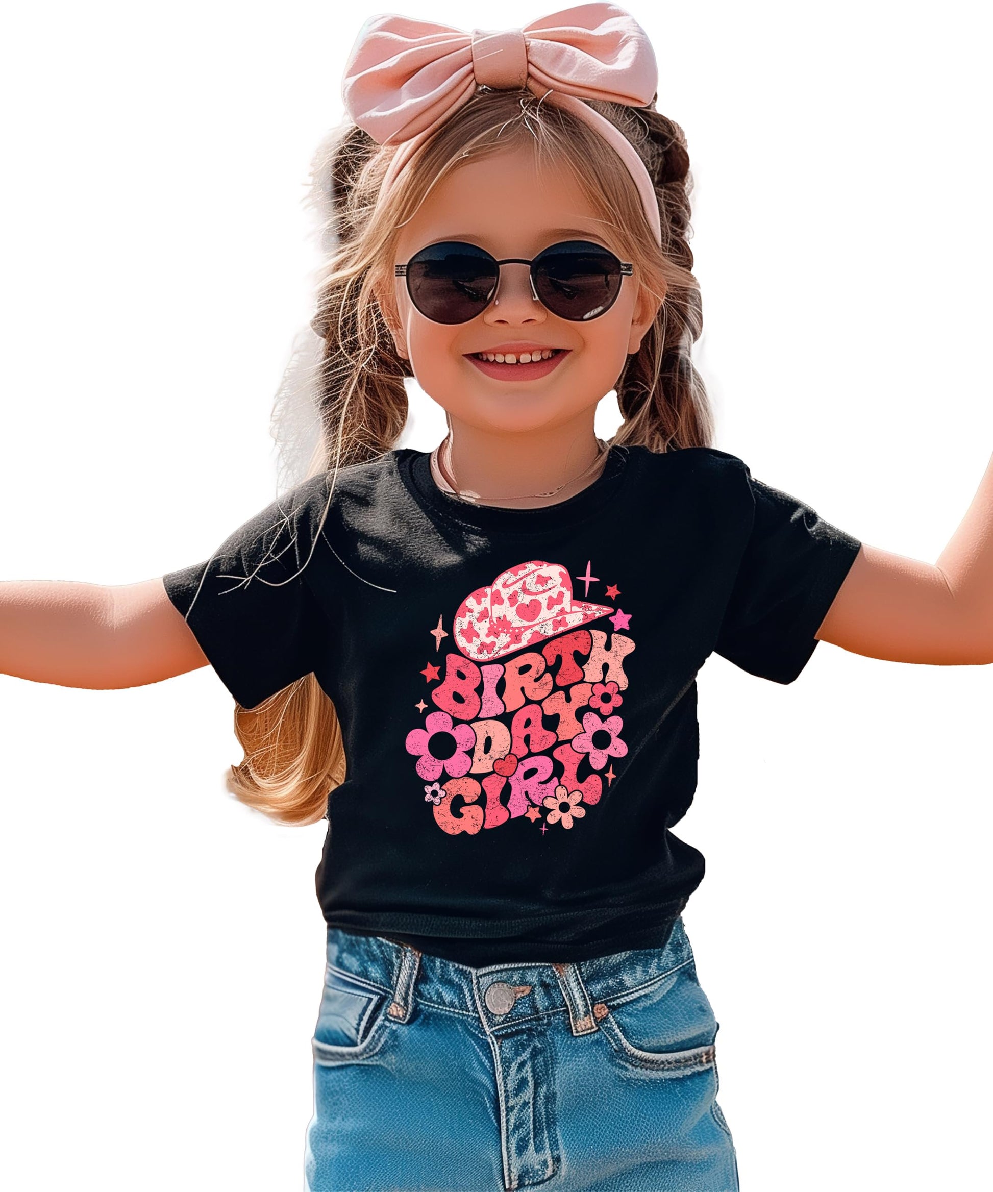Detail shot of professional print on groovy cowgirl birthday natural tee for girls