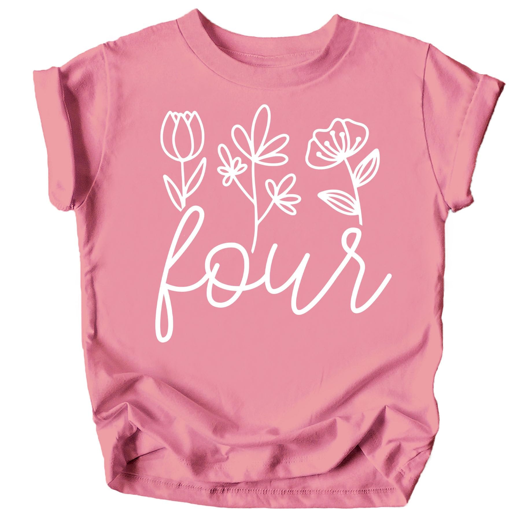Front view of floral 4th birthday tee for toddler girls in purple