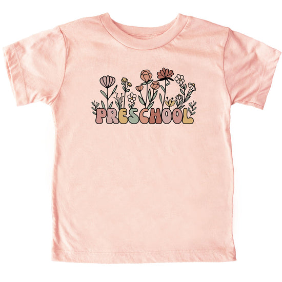 Kids boho floral preschool tee laid flat showing full graphic print
