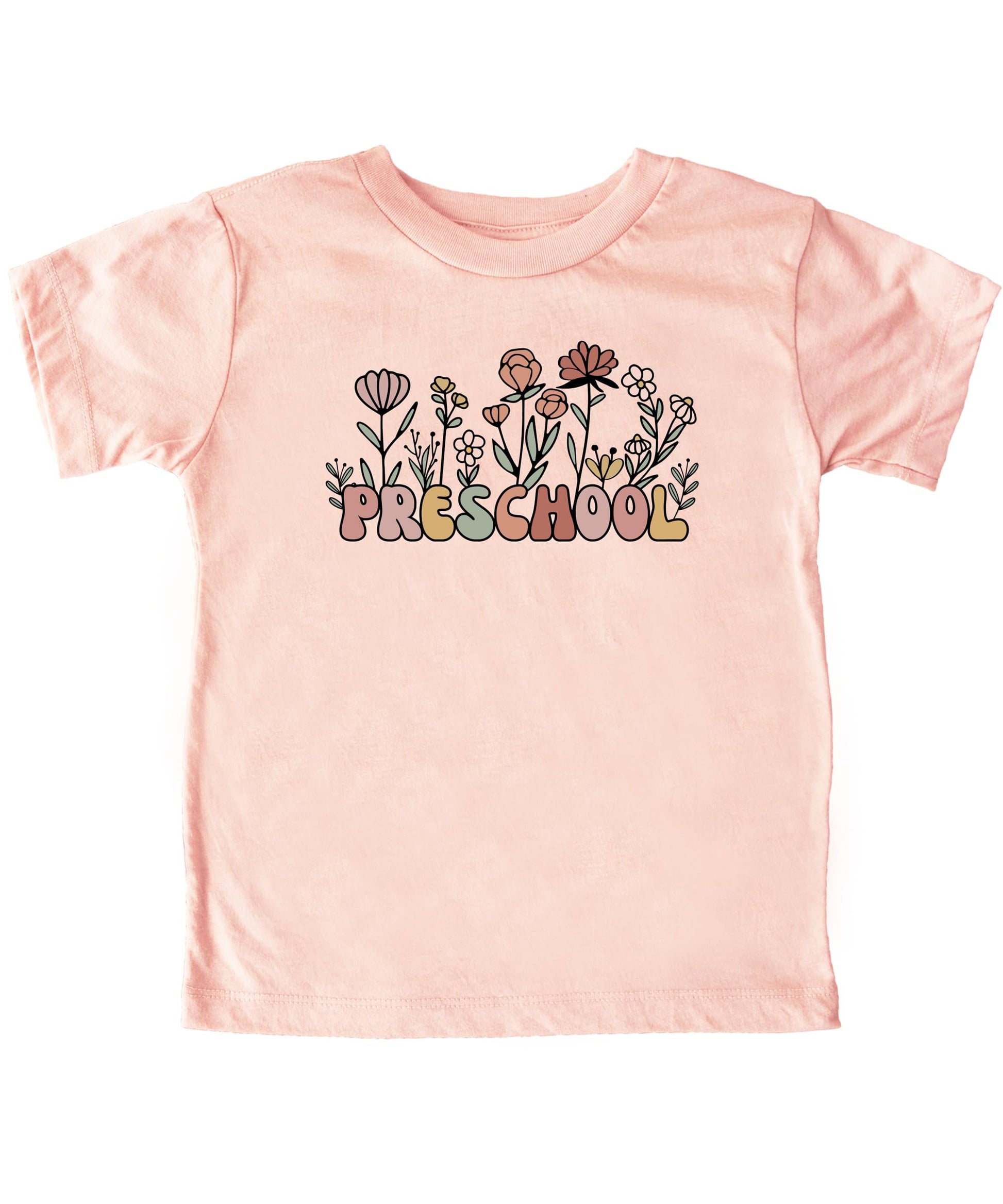 Kids boho floral preschool tee laid flat showing full graphic print