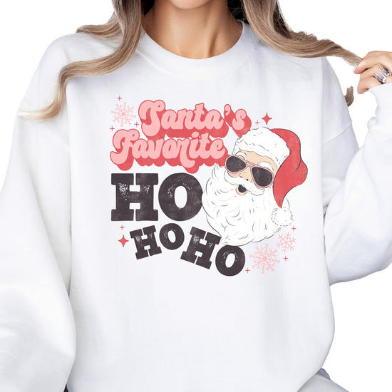 Model wearing Santa's Favorite Ho Ho Ho gray Christmas sweatshirt for women casual holiday style