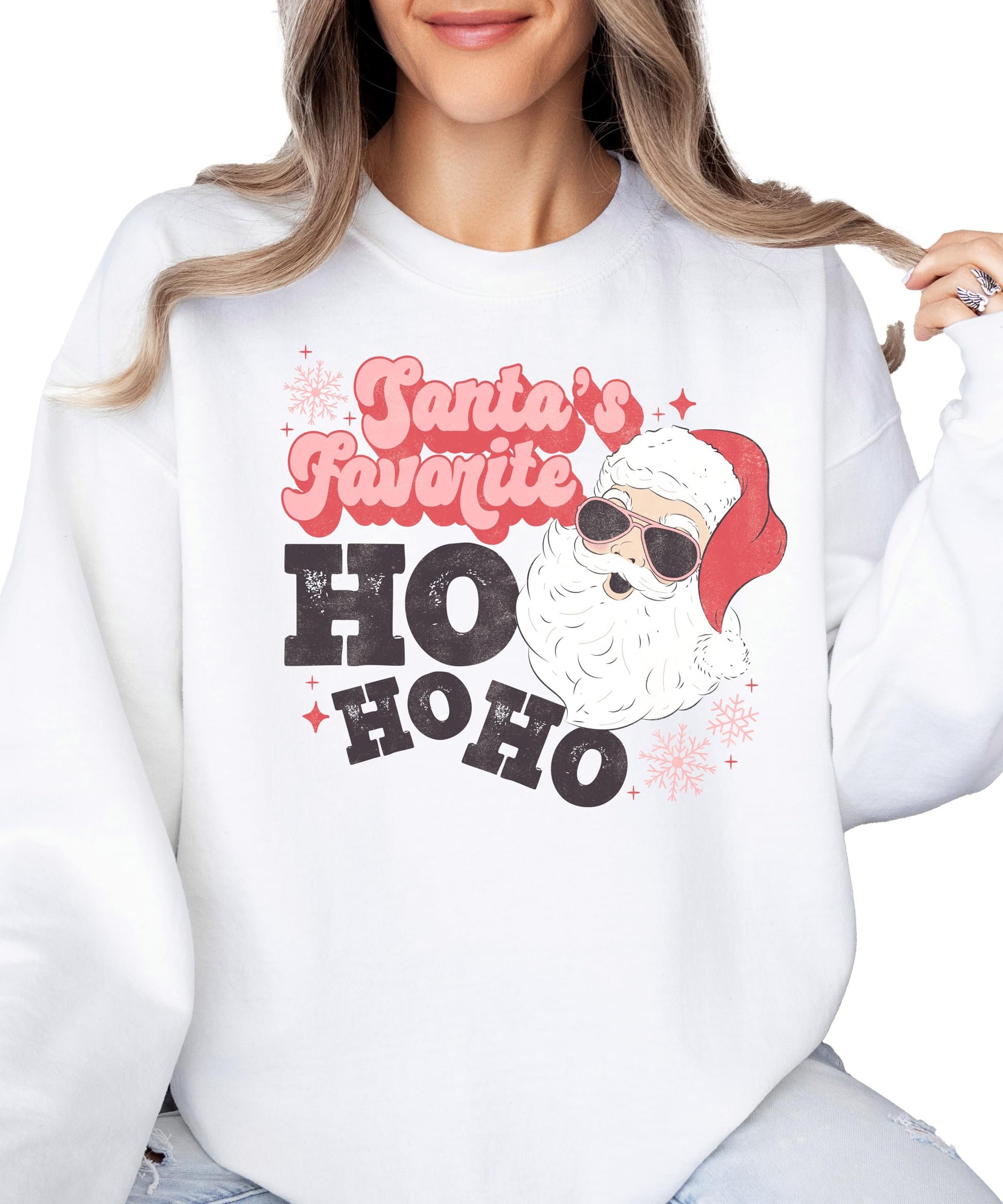 Model wearing Santa's Favorite Ho Ho Ho gray Christmas sweatshirt for women casual holiday style