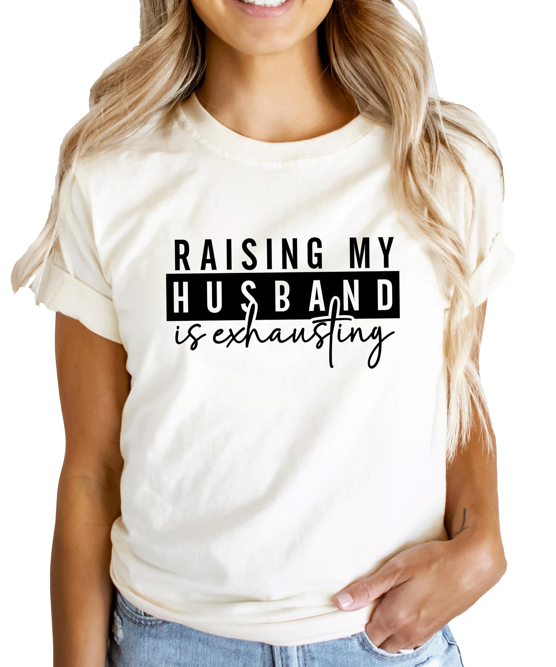 Flat lay of women's funny graphic tee in heather blue for wives and marriage humor