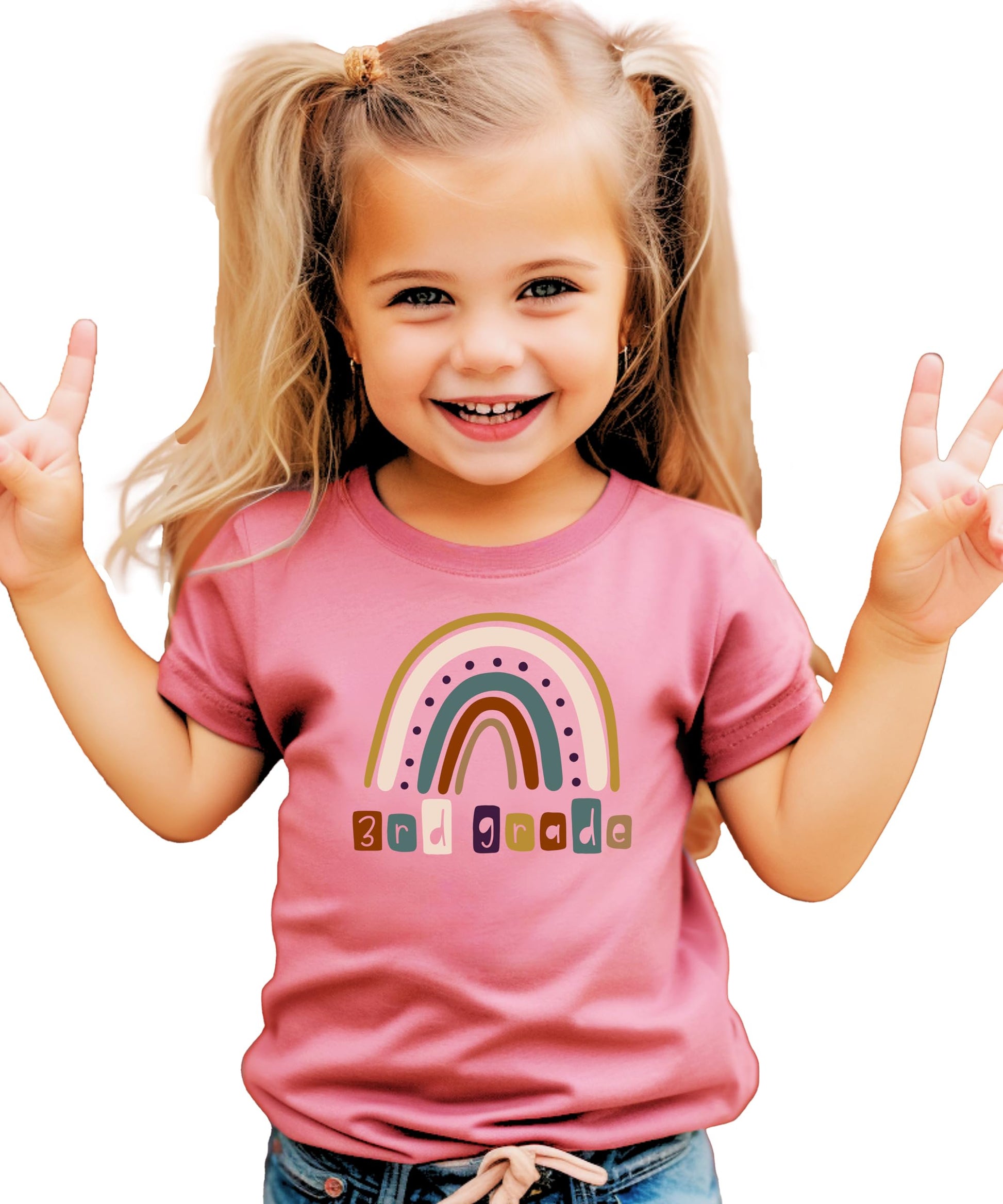 Kids pink tee with colorful rainbow and 3rd Grade First Day of School graphic print