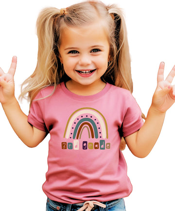 Kids pink tee with colorful rainbow and 3rd Grade First Day of School graphic print