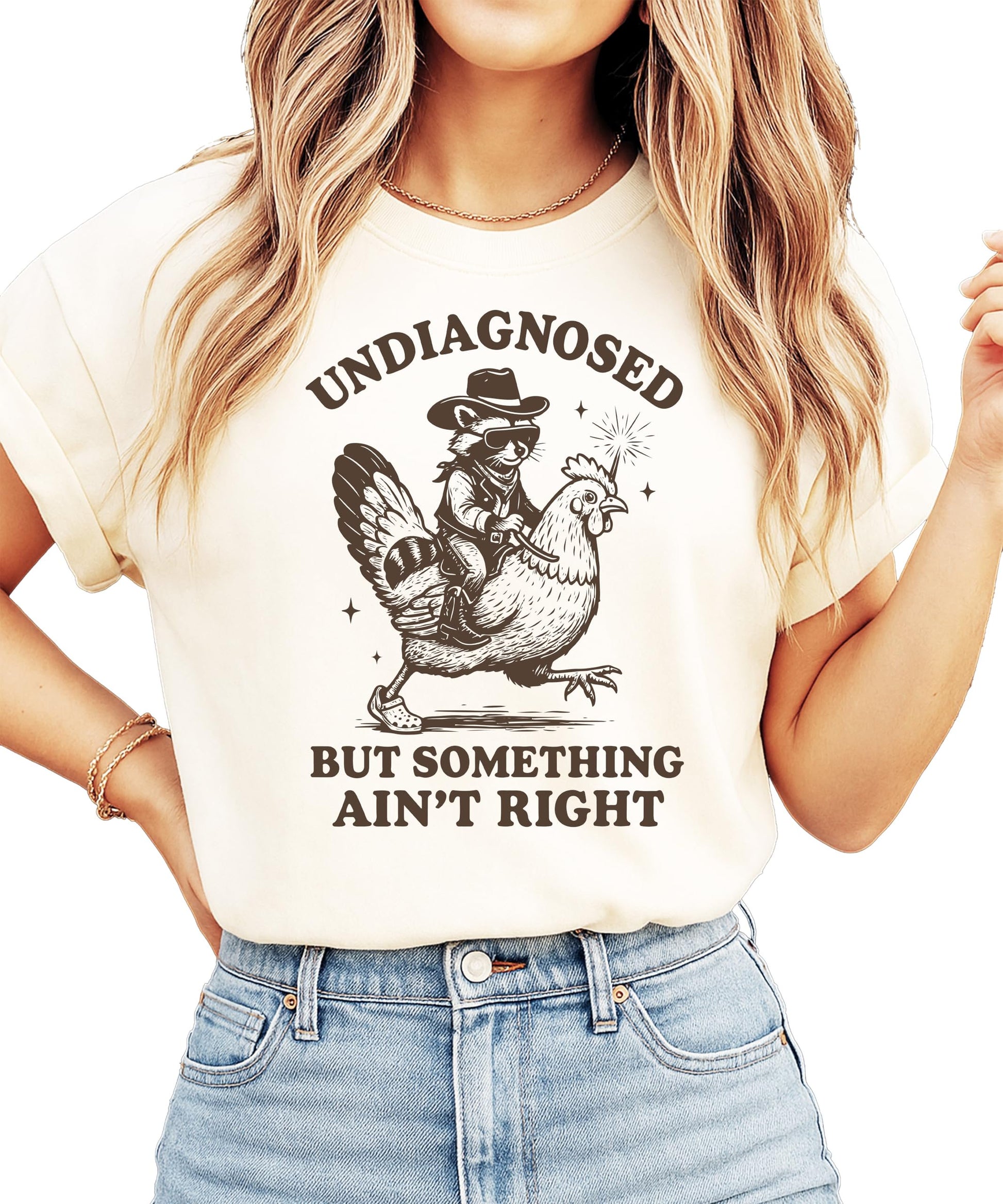 Adult wearing blue funny raccoon t-shirt with sarcastic mental health humor design