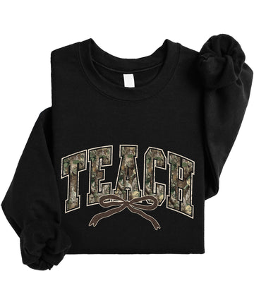 Trendy Camo Teach Sweatshirt - Distressed Camouflage Sweater for Teacher - Bow Pullover White Sweatshirt Adult Medium