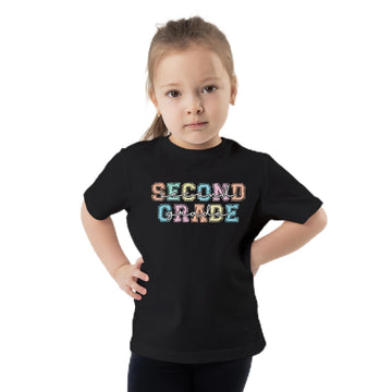 Second grade kids t-shirt with colorful bold pastel lettering on light background