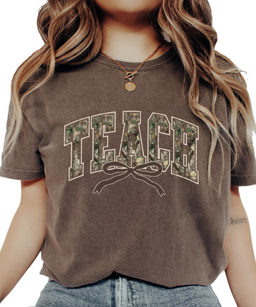 Teach Camo Varsity T-Shirt for Women - Coquette Bow Graphic Tee - Camouflage Teacher Shirt Seafoam Shirt Adult X-Large