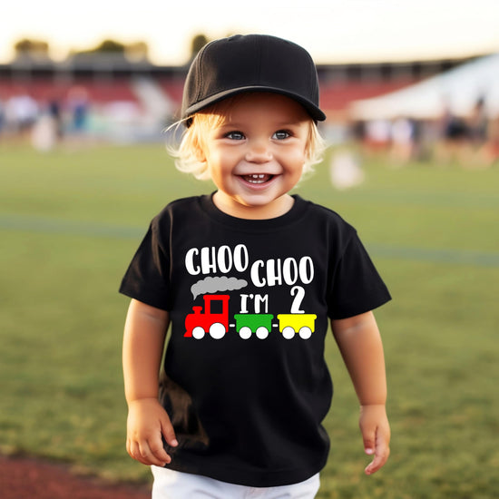 Toddler boy birthday outfit featuring Choo Choo I'm Two train t-shirt
