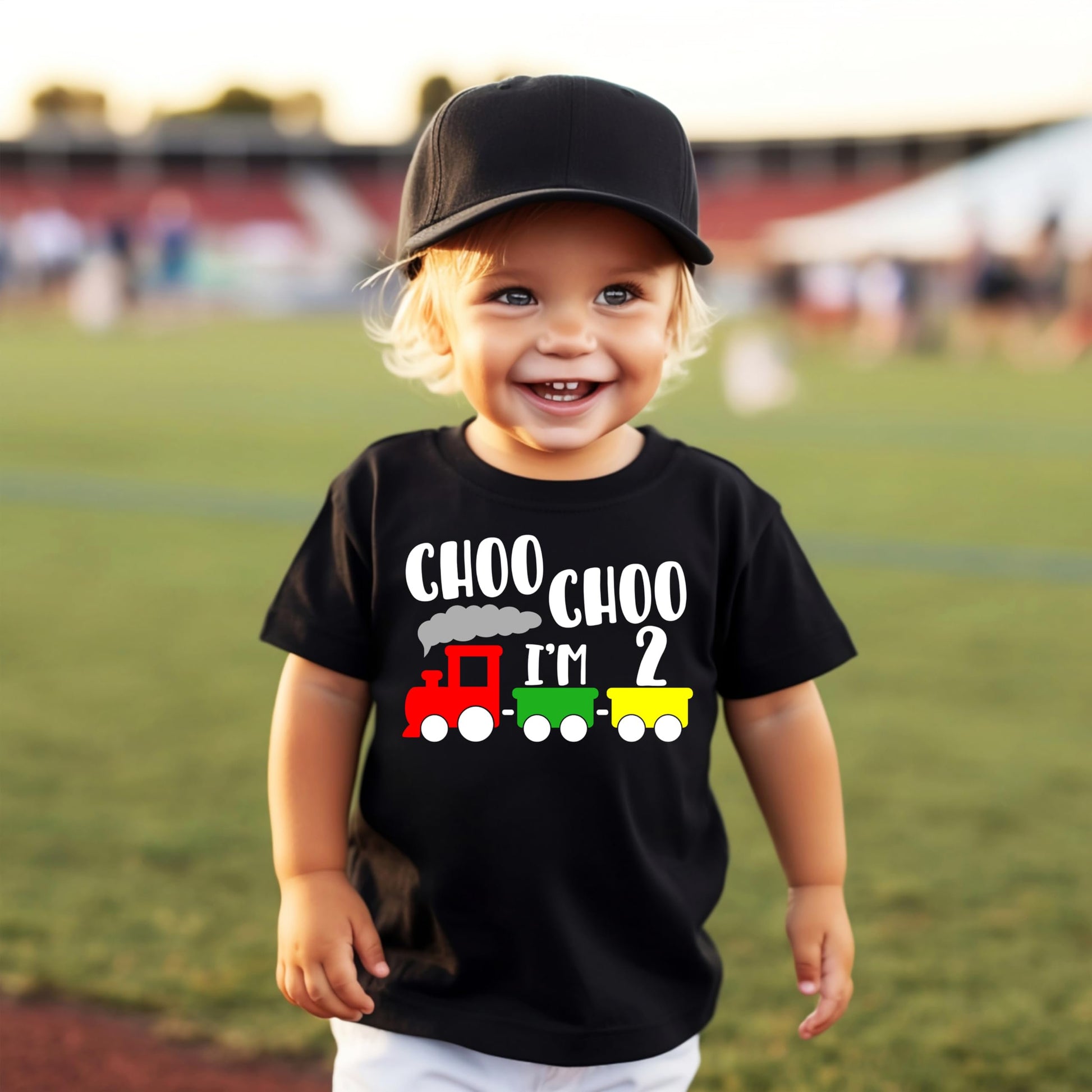 Toddler boy birthday outfit featuring Choo Choo I'm Two train t-shirt
