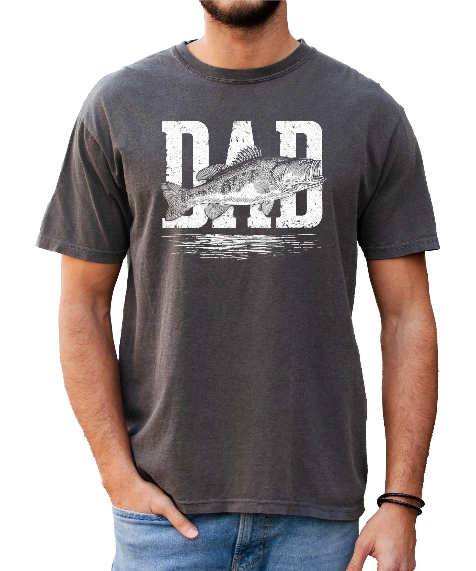 Men's fisherman tee laid flat showing full fish graphic design detail