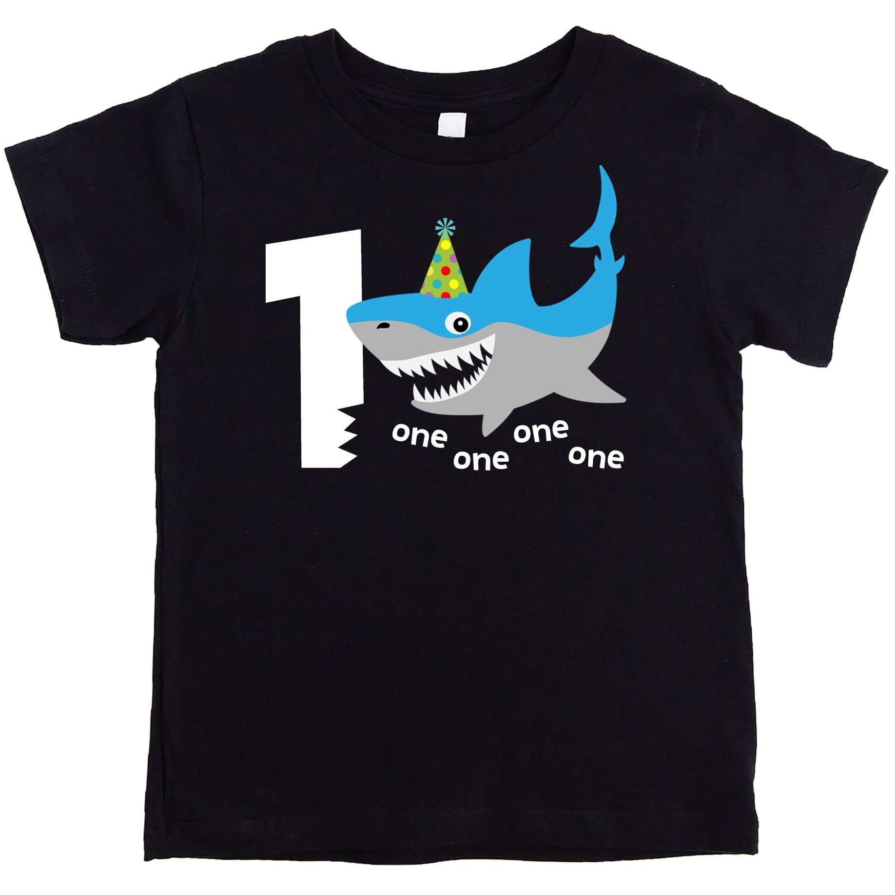 Close-up of shark first birthday shirt print with colorful shark illustration