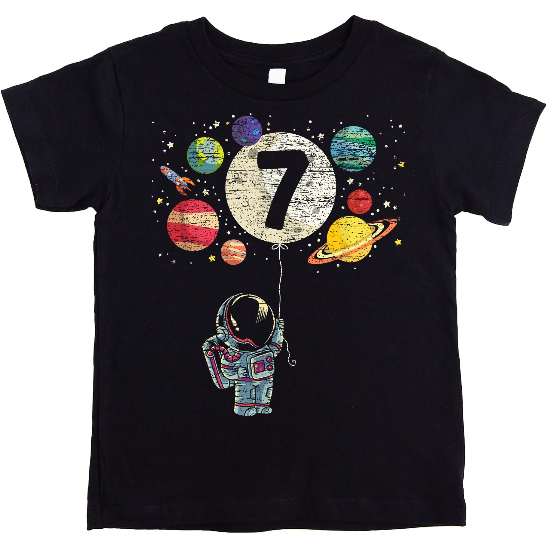 Kids 7th birthday astronaut rocket t-shirt with moon balloon and planets graphic in vintage royal blue