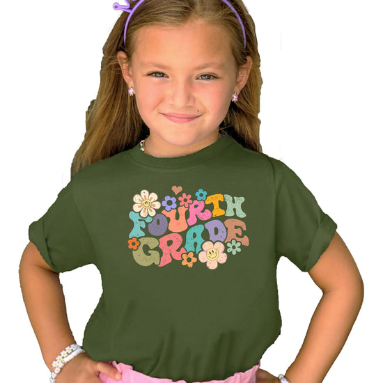 Close-up of groovy daisy graphic design on 4th grade back to school t-shirt