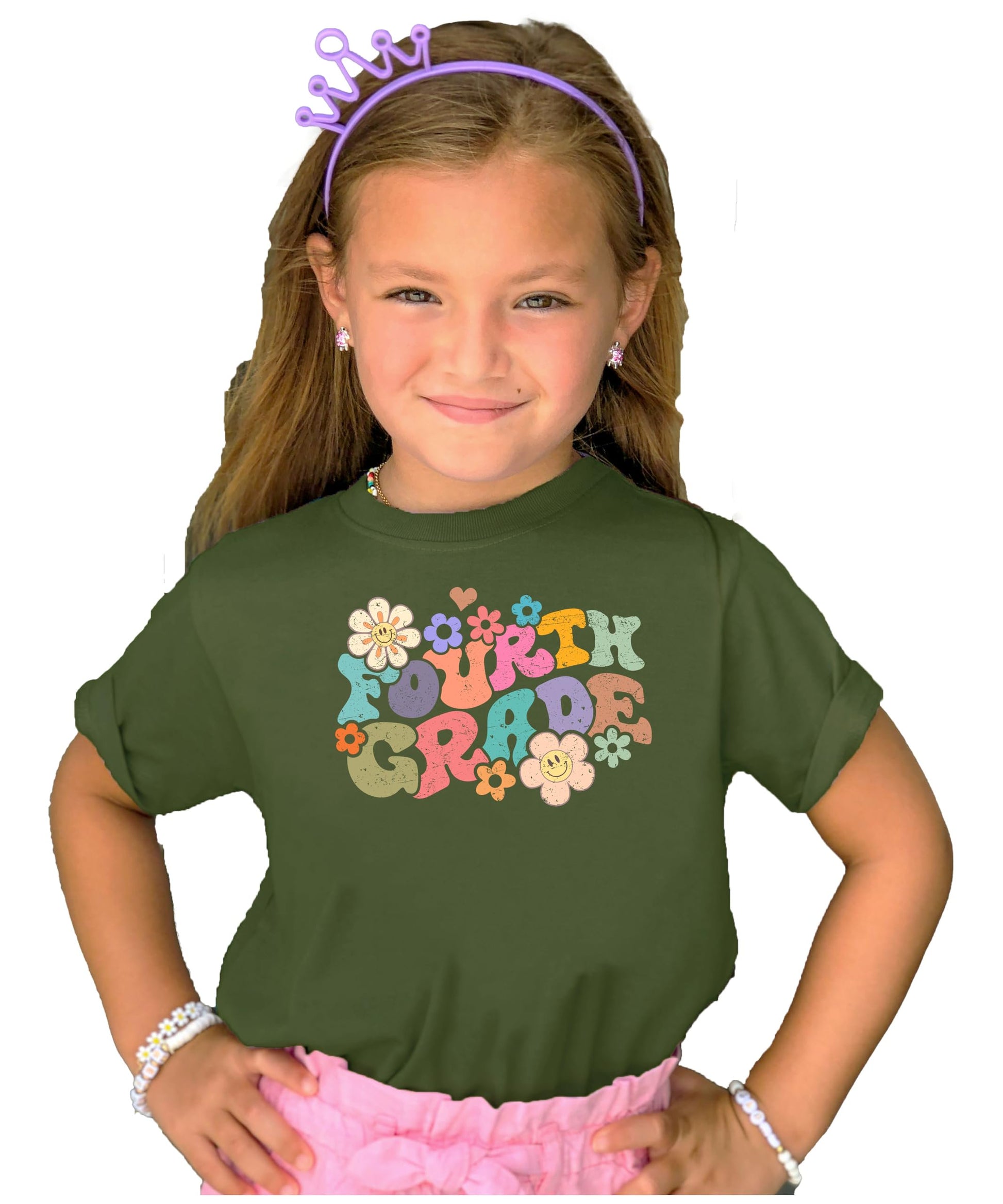 Close-up of groovy daisy graphic design on 4th grade back to school t-shirt