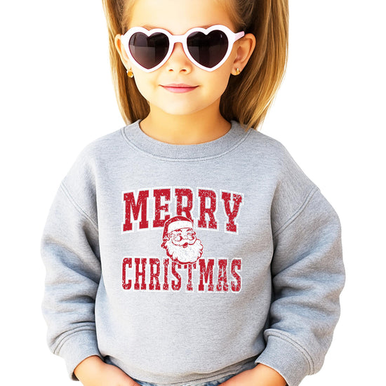 Gray vintage Merry Christmas Santa sweatshirt with distressed red lettering on white background