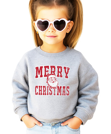 Gray vintage Merry Christmas Santa sweatshirt with distressed red lettering on white background