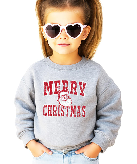 Gray vintage Merry Christmas Santa sweatshirt with distressed red lettering on white background
