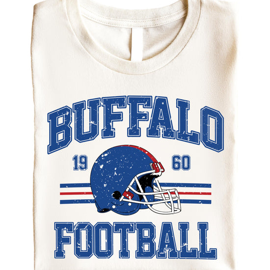 Vintage Buffalo Football 1960 graphic tee in natural color with distressed blue and red team logo design