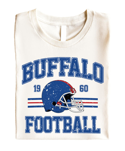 Vintage Buffalo Football 1960 graphic tee in natural color with distressed blue and red team logo design