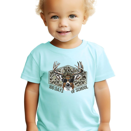 Side or back view of boys 100th day of school camo buck shirt in natural