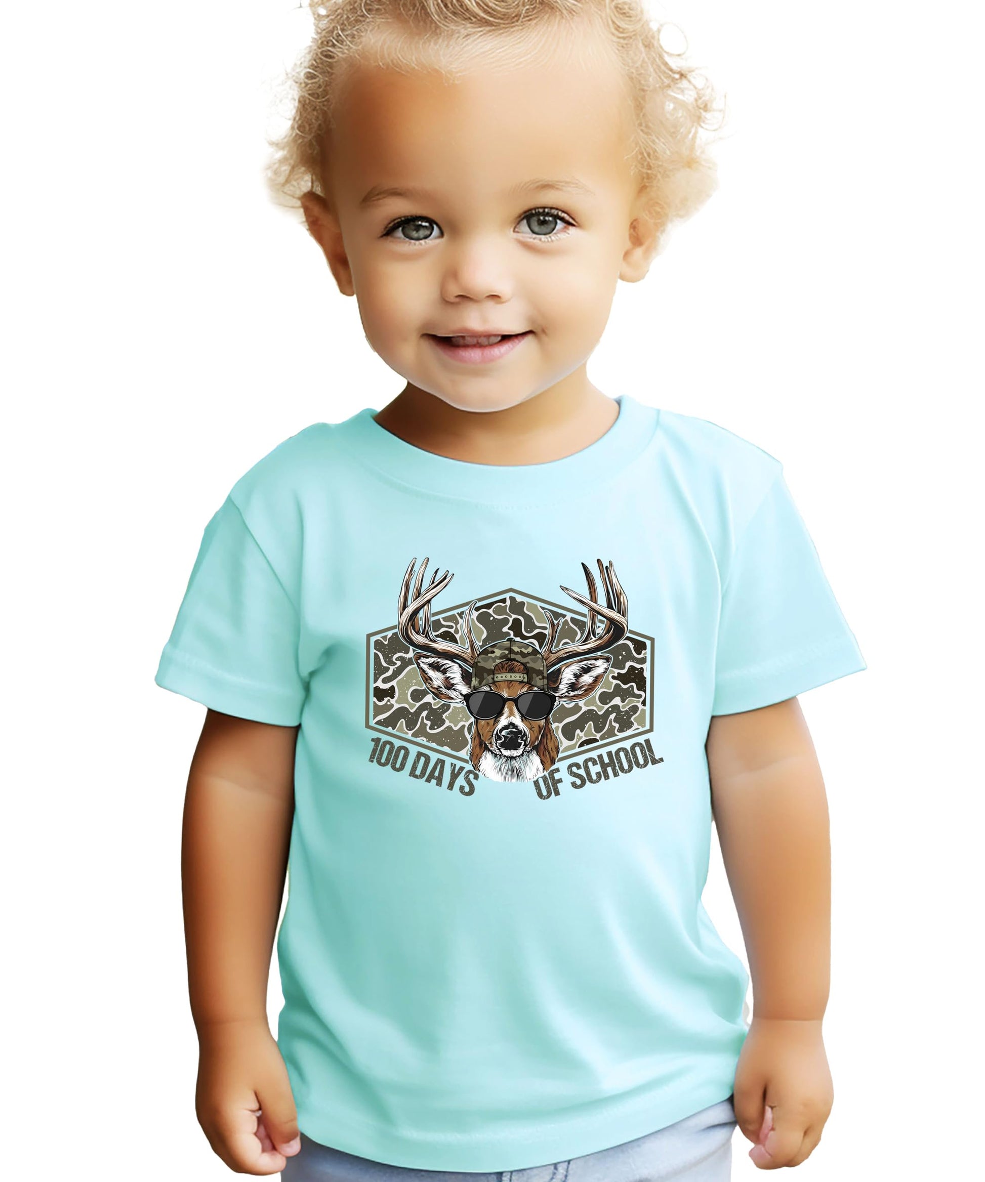 Side or back view of boys 100th day of school camo buck shirt in natural