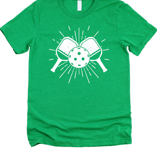 Black trendy pickleball paddle graphic t-shirt with ball design for men and women